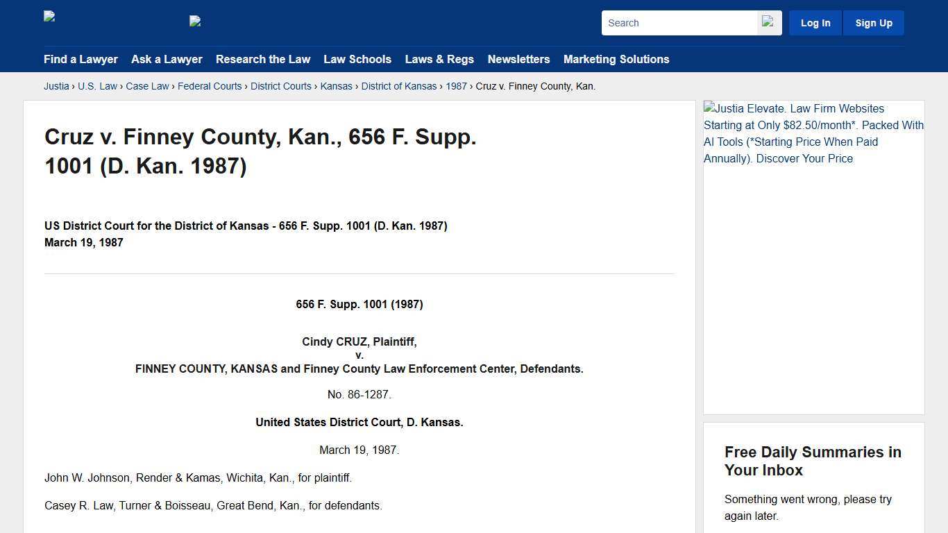 Cruz v. Finney County, Kan., 656 F. Supp. 1001 (D. Kan. 1987) :: Justia
